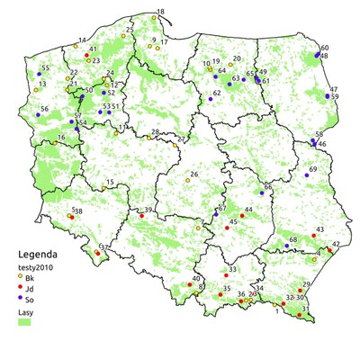 Szkic rozmieszczenia powierzchni testujących na tle lasów